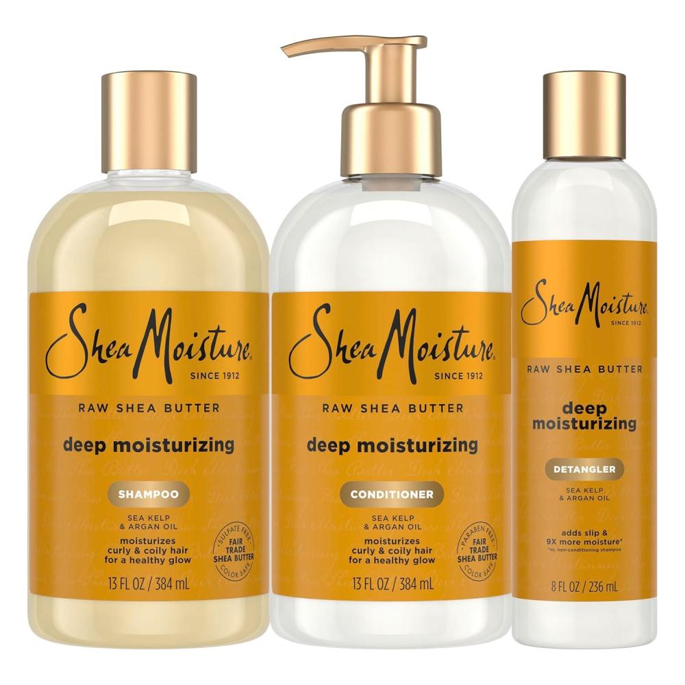 imageSheaMoisture Deep Moisturizing Hair Care 3 Count Raw Shea Butter For Curly Dry and Damaged Hair Sulfate Free Shampoo and Conditioner Hair Detangler with Sea Kelp and Argan Oil