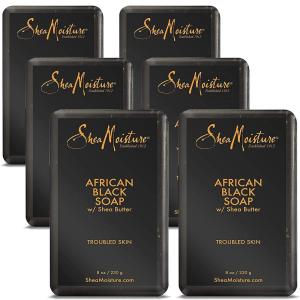 SheaMoisture Bar Soap 6 Count for Troubled Skin African Black Soap Cleanser with Shea Butter 8 oz(Fragranced)