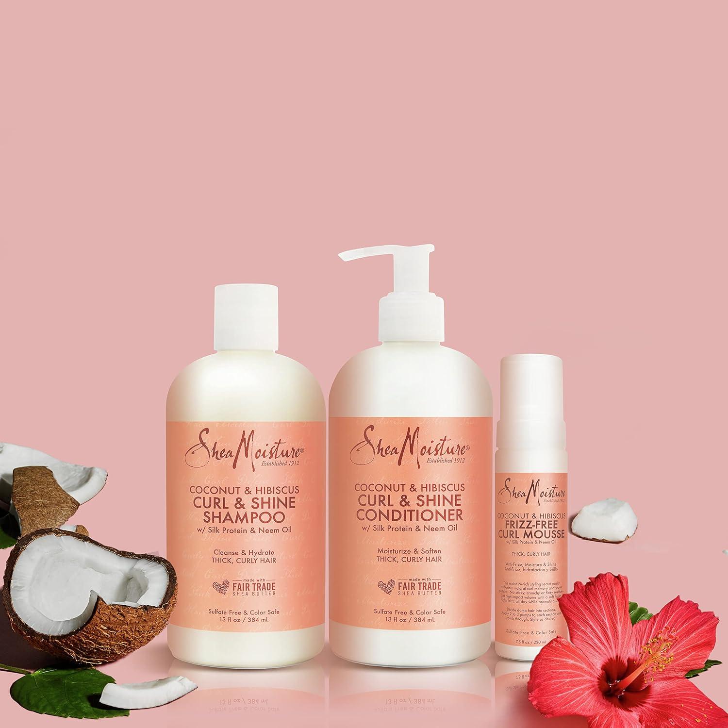 imageSheaMoisture Curl and Shine Shampoo and Conditioner and Hair Mousse For Curly Frizzy Hair Coconut and Hibiscus Sulfate Free Shampoo and Conditioner AntiFrizz Hair Products