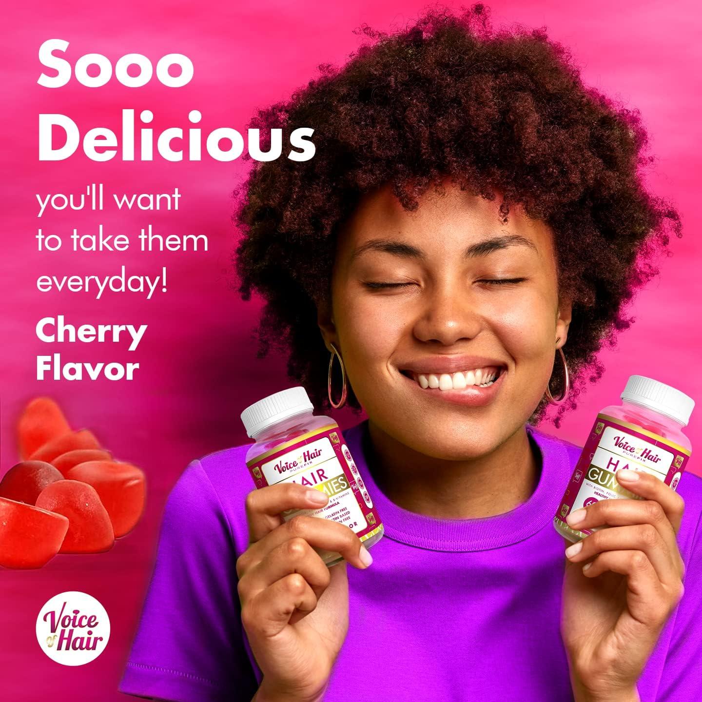 imageVoice of Hair Gummies Support Healthy Hair Glowing Skin and Strong Nails No Artificial Colors Formulated and Bottled in the USA Cherry Flavor with Biotin BVitamins and Folic Acid 60count