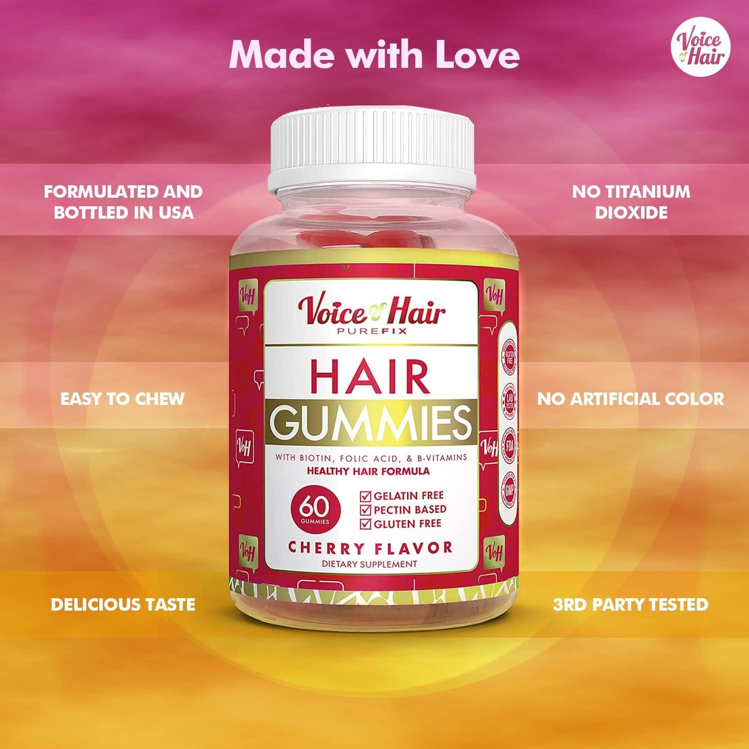 imageVoice of Hair Gummies Support Healthy Hair Glowing Skin and Strong Nails No Artificial Colors Formulated and Bottled in the USA Cherry Flavor with Biotin BVitamins and Folic Acid 60count
