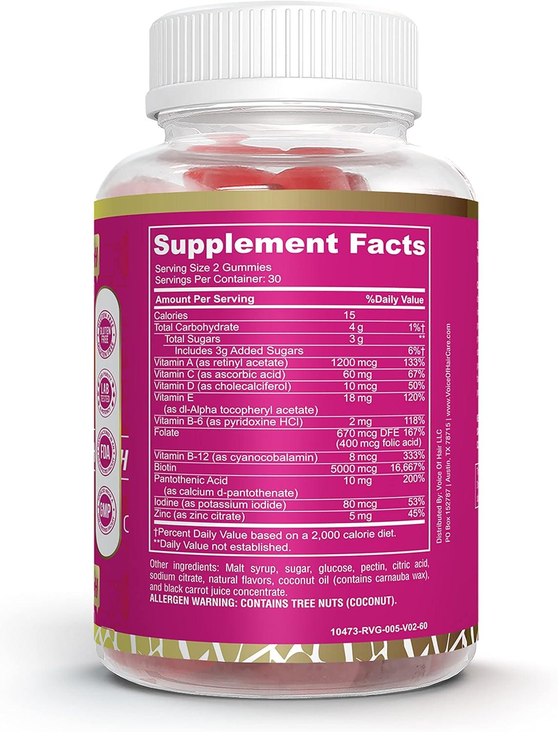 imageVoice of Hair Gummies Support Healthy Hair Glowing Skin and Strong Nails No Artificial Colors Formulated and Bottled in the USA Cherry Flavor with Biotin BVitamins and Folic Acid 60count