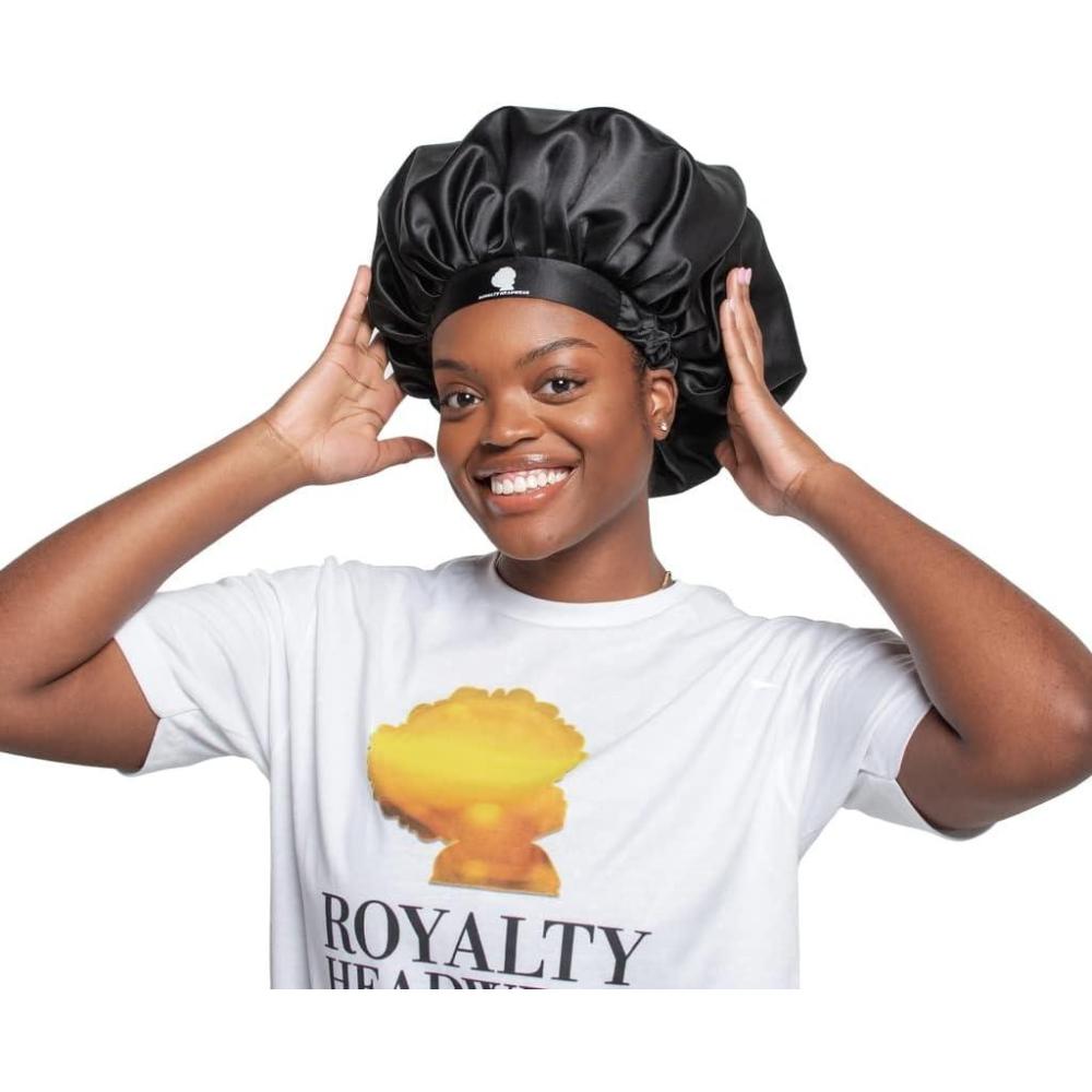 imageRoyalty Headwear Silk Satin Bonnet for Women Adjustable Jumbo Extra Secure NonSlip Satin Cap Silk Hair Bonnet for SleepingBlack