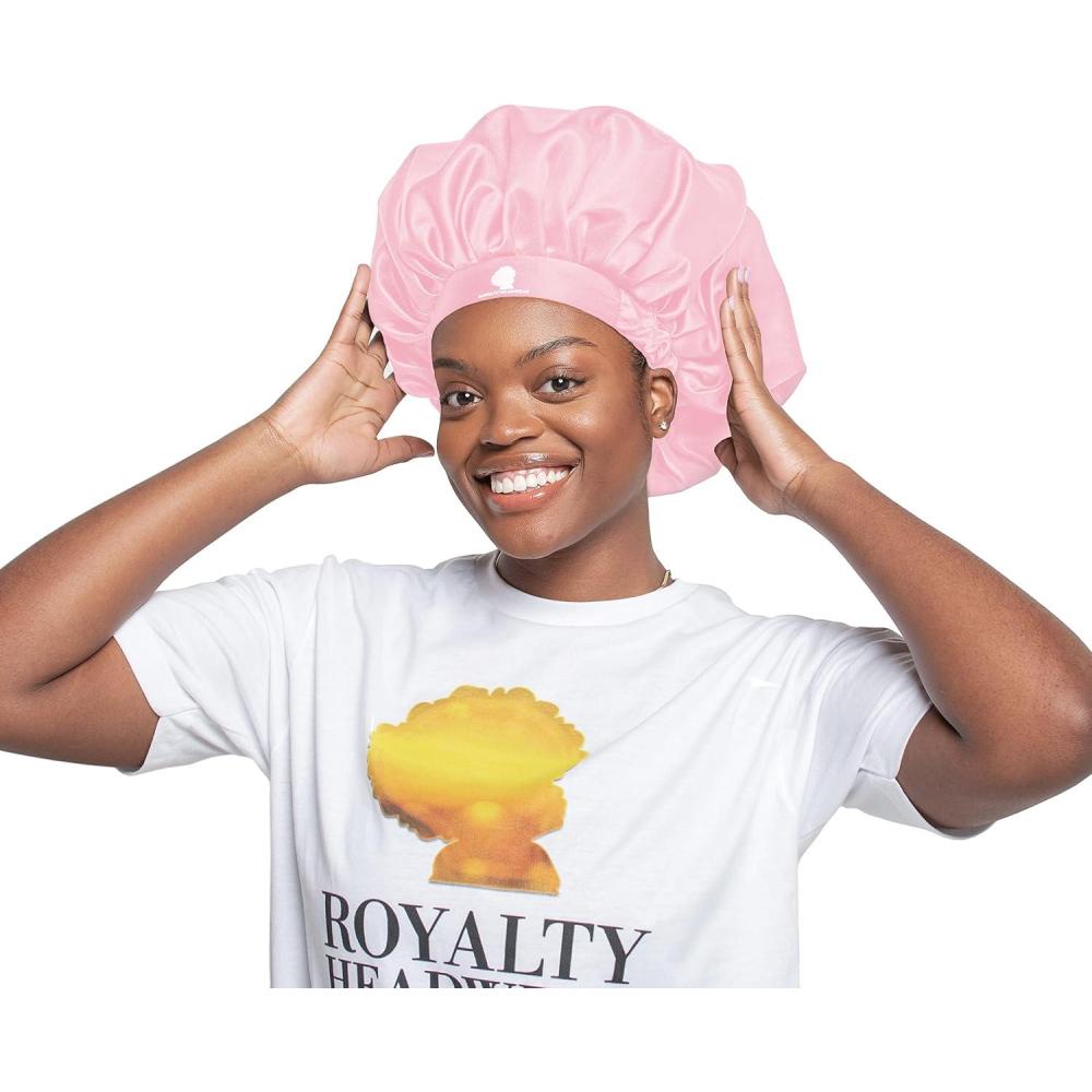 imageRoyalty Headwear Silk Satin Bonnet for Women Adjustable Jumbo Extra Secure NonSlip Satin Cap Silk Hair Bonnet for SleepingPink