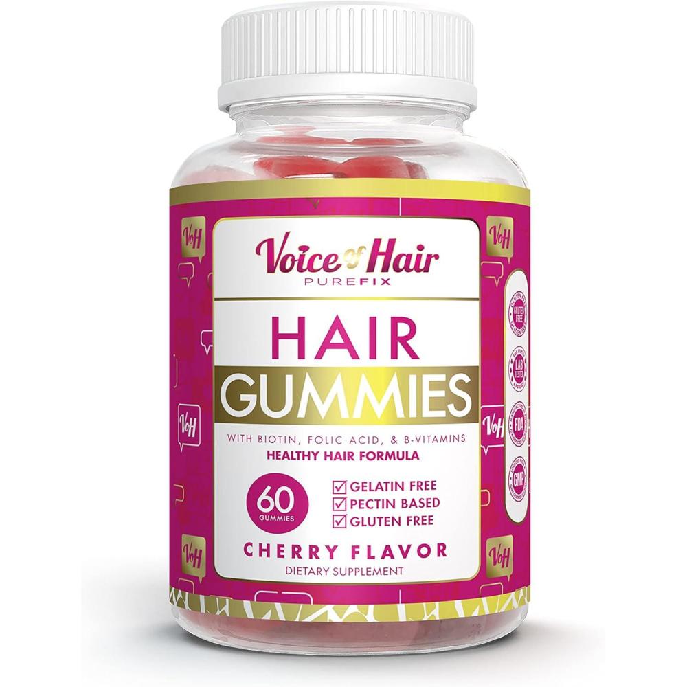 imageVoice of Hair Gummies Support Healthy Hair Glowing Skin and Strong Nails No Artificial Colors Formulated and Bottled in the USA Cherry Flavor with Biotin BVitamins and Folic Acid 60count